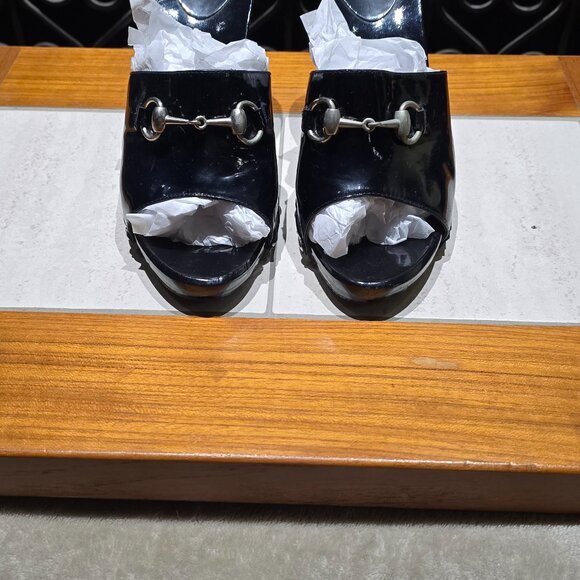 Gucci Mules 3" Heel Horsebit Patent Leather Slides - Picture 2 of 7